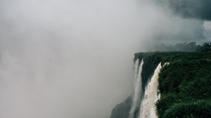 waterfall, fog, cliff, grass, greens