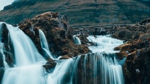 waterfall, fog, current, hills - wallpapers, picture