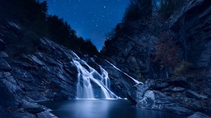 waterfall, starry sky, stones