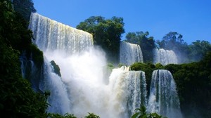 waterfalls, cliff, strength, vegetation, cascades