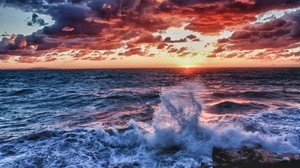 wave, sea, spray, sunset, evening, dusk, shadows, colors
