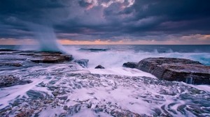 波、海岸、石、嵐、スプレー、曇り、スプラッシュ、地平線、泡、雲 - wallpapers, picture