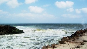 olas, orilla, piedras, poder, poder, rompeolas, agua sucia - wallpapers, picture