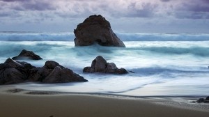 waves, sea, stones, storm, shore, sand, beach