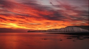 sunrise, channel, strait, sky, island, lake