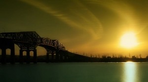 sunrise, bridge, river, construction, morning