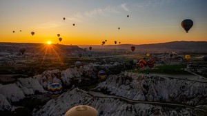 balloons, mountains, dawn, top view, landscape