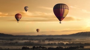 balloons, field, fog, sky, sunset