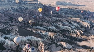 balloons, rocks, flight, top view, cappadocia, goreme
