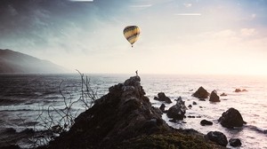 balloon, aerostat, cliff, silhouette, planet, photoshop
