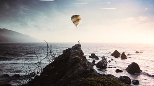 luftballon, luftfahrzeug, klippe, schattenbild, planet, photoshop