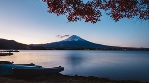 volcano, mountain, lake, tree, autumn
