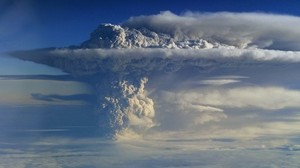 volcán, erupción, cielo, humo, pilar, nubes, altura