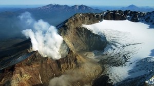 volcano, Kamchatka, Russia, mountains, smoke, snow
