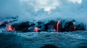 volcano, sea, lava