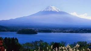 volcano, clouds, coast, peak, city, water, grass - wallpapers, picture