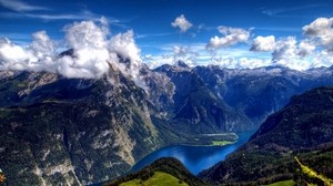height, mountains, river, clouds, day
