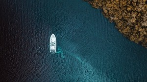 yacht, sea, trees, shore, top view