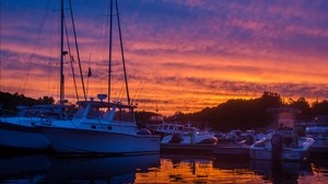 yachts, boats, pier, sunset