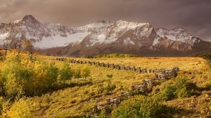 fence, fencing, zigzags, mountains, autumn, trees - wallpapers, picture
