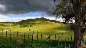 cerca, palos, árbol, cercas, colinas, cielo, nubes, sombrío