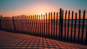 fence, shadows, sunset, sand