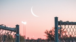 staket, solnedgång, månen, gräs, nät