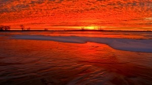 sunset, coast, snow, horizon, fiery
