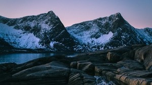 sonnenuntergang, berg, see, schneebedeckt, norwegen