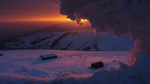 sunset, mountains, ice, cold, winter, darkness, dusk, snow