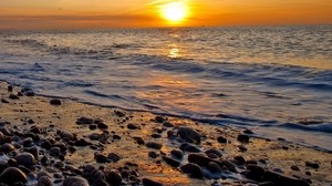 sunset, stones, waves