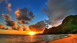 sunset, sea, coast, beach, mountains, the sun, evening, clouds, calm - wallpapers, picture