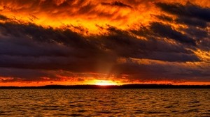 sunset, sea, horizon, water, clouds