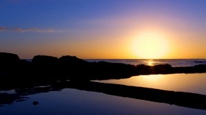 sunset, sea, cliffs, outlines, silence, horizon