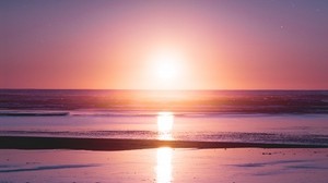 日落，海洋，太阳，光线，海岸，地平线 - wallpapers, picture