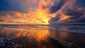 sunset, sky, sea, clouds, sand, wet, mirror, reflection - wallpapers, picture
