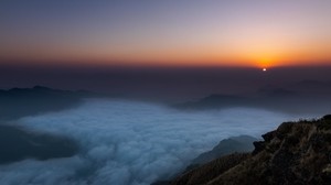 sunset, clouds, sky, fog, peak