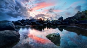 sunset, reflection, stones, water