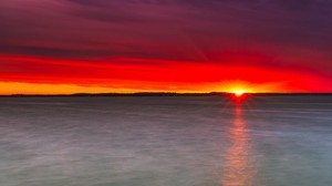 sunset, lake, horizon, stone, water