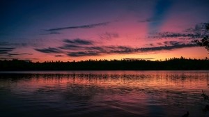 sunset, lake, horizon, sky, clouds