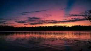 auringonlasku, järvi, horisontti, taivas, pilvet