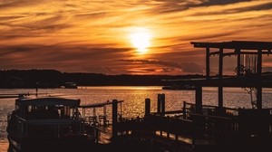 sunset, pier, river, evening, twilight