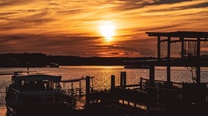 puesta de sol, muelle, río, tarde, crepúsculo