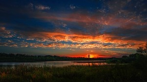 sunset, river, landscape, coast, reeds - wallpapers, picture