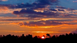 solnedgång, sol, horisont, moln, himmel, träd