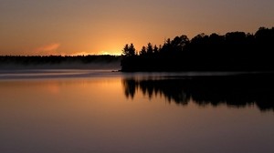 sunset, sun, body of water, trees, shore, evening, outlines