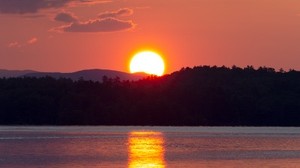 sunset, sun, river, reflection, landscape