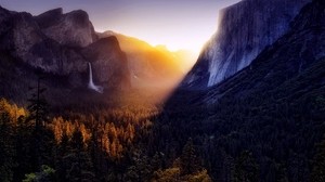 sunset, light, rays, evening, mountains, forest, waterfall, height - wallpapers, picture