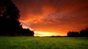 sunset, evening, sky, field, wires, greens - wallpapers, picture