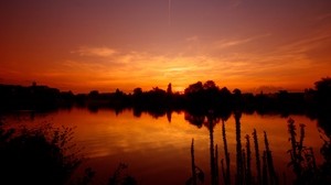 puesta de sol, tarde, naranja, lago, horizonte